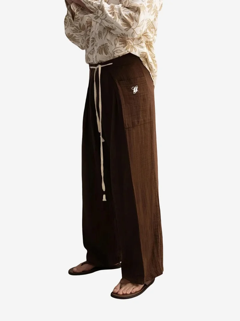 Giesto Beaver Brown GIESTO Textured Wide Leg High Waist Pants with Drawstring for Men | Best Price UAE